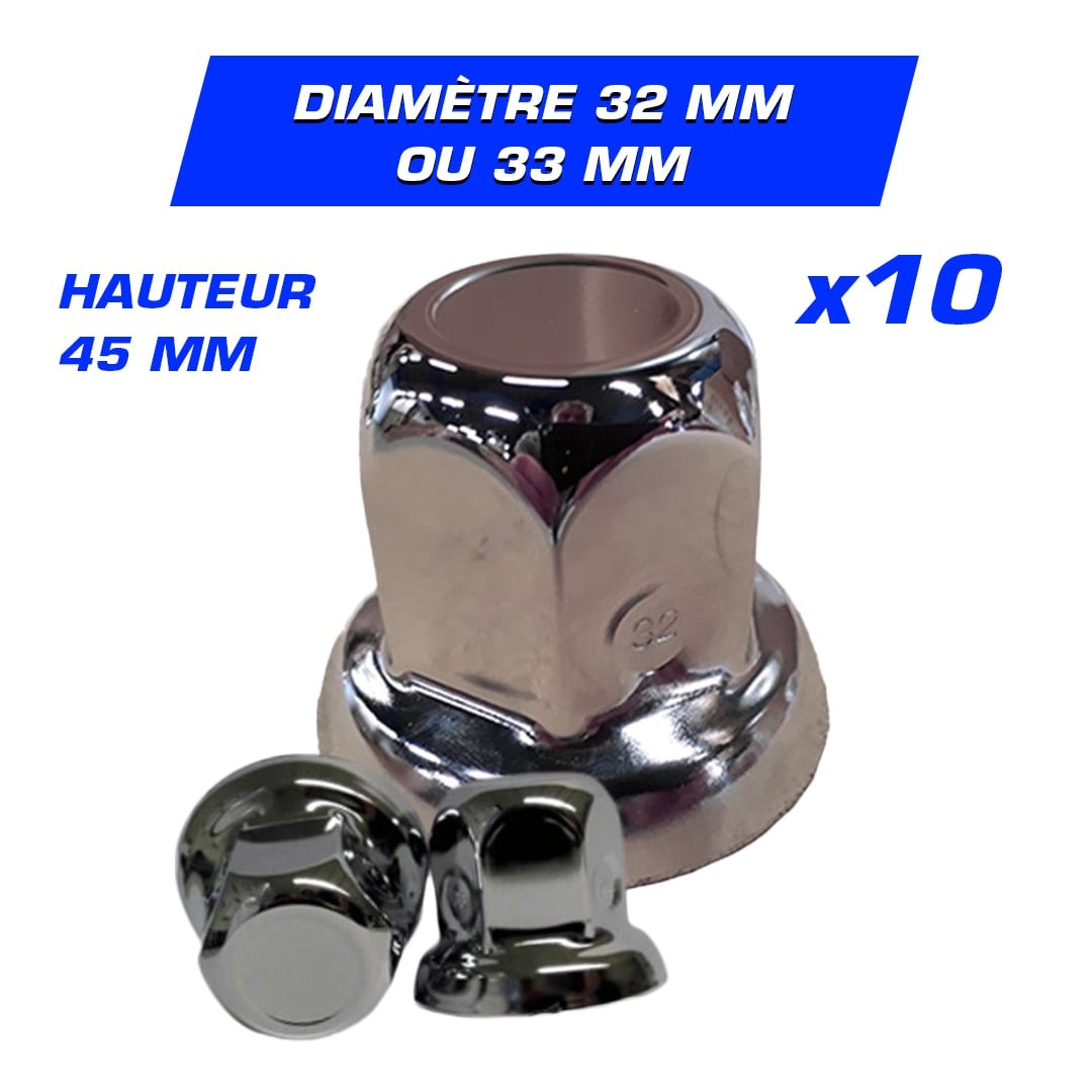 Kit 20 Caches-écrous inox 32 ou 33 mm Jantes Alu de Camion Hauteur
