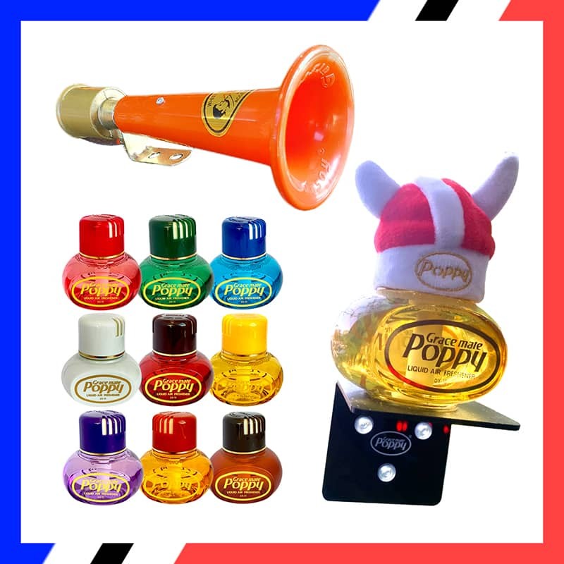Pack Sifflet Turc 12 ou 24 volts avec Flacon Poppy 9 parfums au choix et Support ventouses Pare-brise