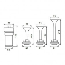 Dimensions du klaxon Tour de France 12V ou 24V avec Compresseur et Trompes rouges ou chrome