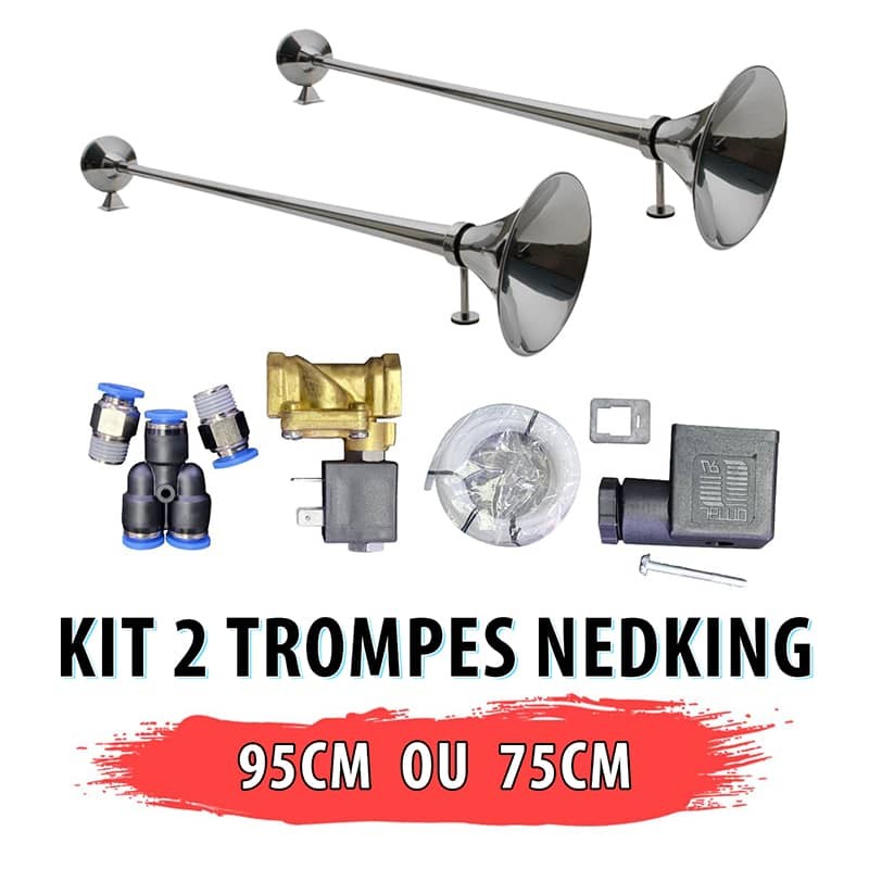 Kit 2 Trompes Nedking 95 CM ou 75 CM chromées 120 décibels et accessoires de montage 24 Volts