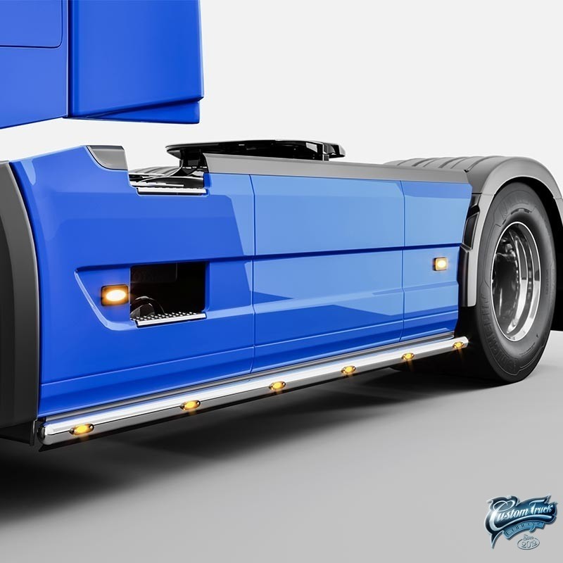 Rampes inox sous carénages Volvo FH5 et FH4 Euro 6 avec Leds empattement 3800mm Rampes inox sous carénages Volvo FH5 et FH4 Euro 6 avec Leds empattement 3800mm