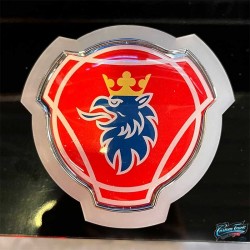 Logo lumineux de calandre Scania bleu et fond rouge