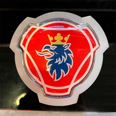 Logo lumineux de calandre Scania bleu et fond rouge