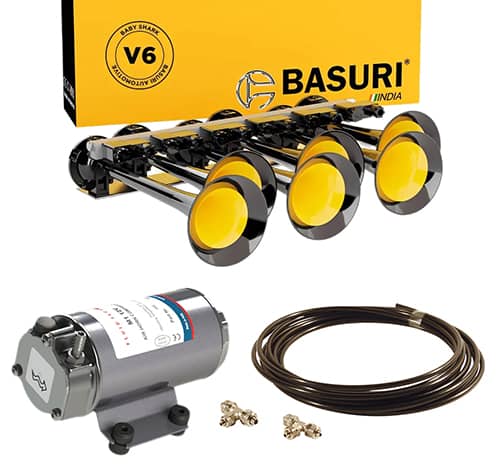 Kit Klaxon Baby Shark 6.0 Basuri 26 mélodies 12-24 volts avec compresseur 1 ou 2 bar Trompes pour camion tracteur et voiture avec compresseur et raccords