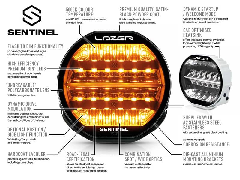 Caractéristiques du phare longue portée LED Flash Lazer Sentinel Highline 9 pouces