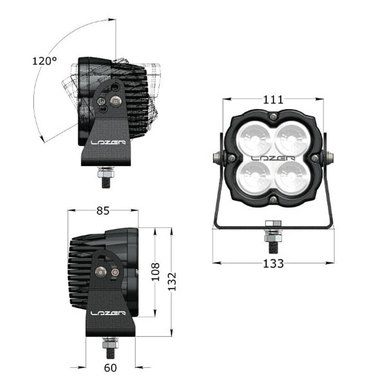 Dimensions du Feu de Travail Lazer Utility 45 éclairage Blanc avec Monte large
