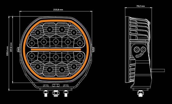 Dimensions du Phare longue portée blanc / orange Big Energy 2.0 taille 9 pouces 10-32V