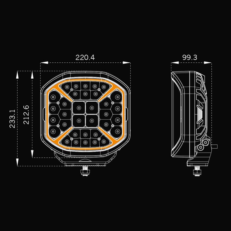 Dimensions du Phare longue portée Blanc Orange Siberia X 10-32V 9 pouces