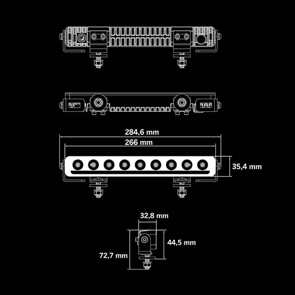 Dimensions de la Barre LED 10 pouces blanche / orange Nuuk D-Line 9-36 volts