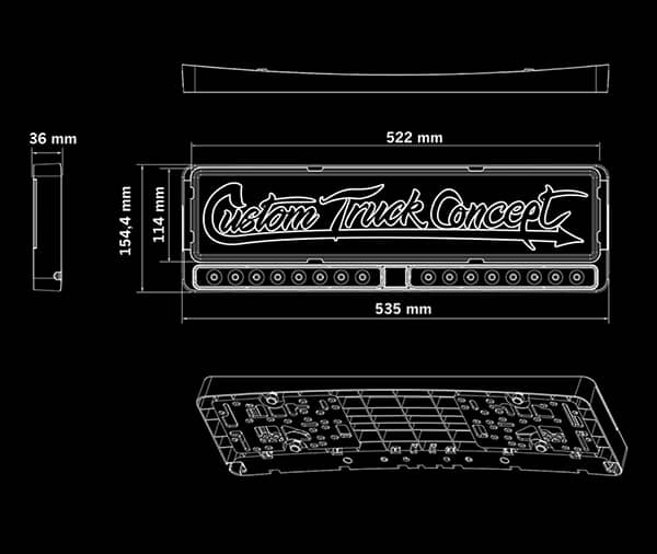 Dimensions schéma pack 2 barres led 10 pouces Nuuk E-line et plaque d'immatriculation